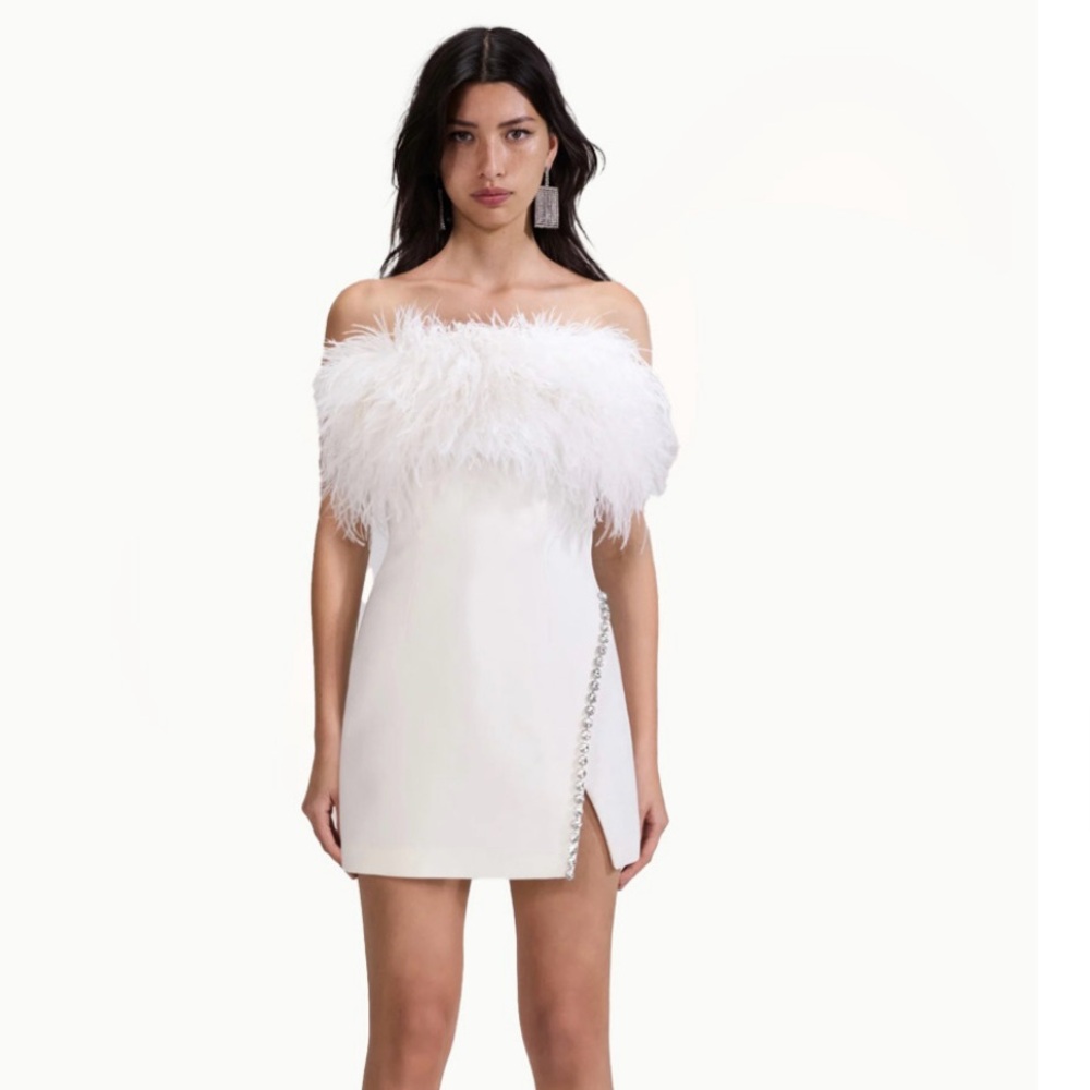 Self Portrait White Feather Mini Dress Size 6
